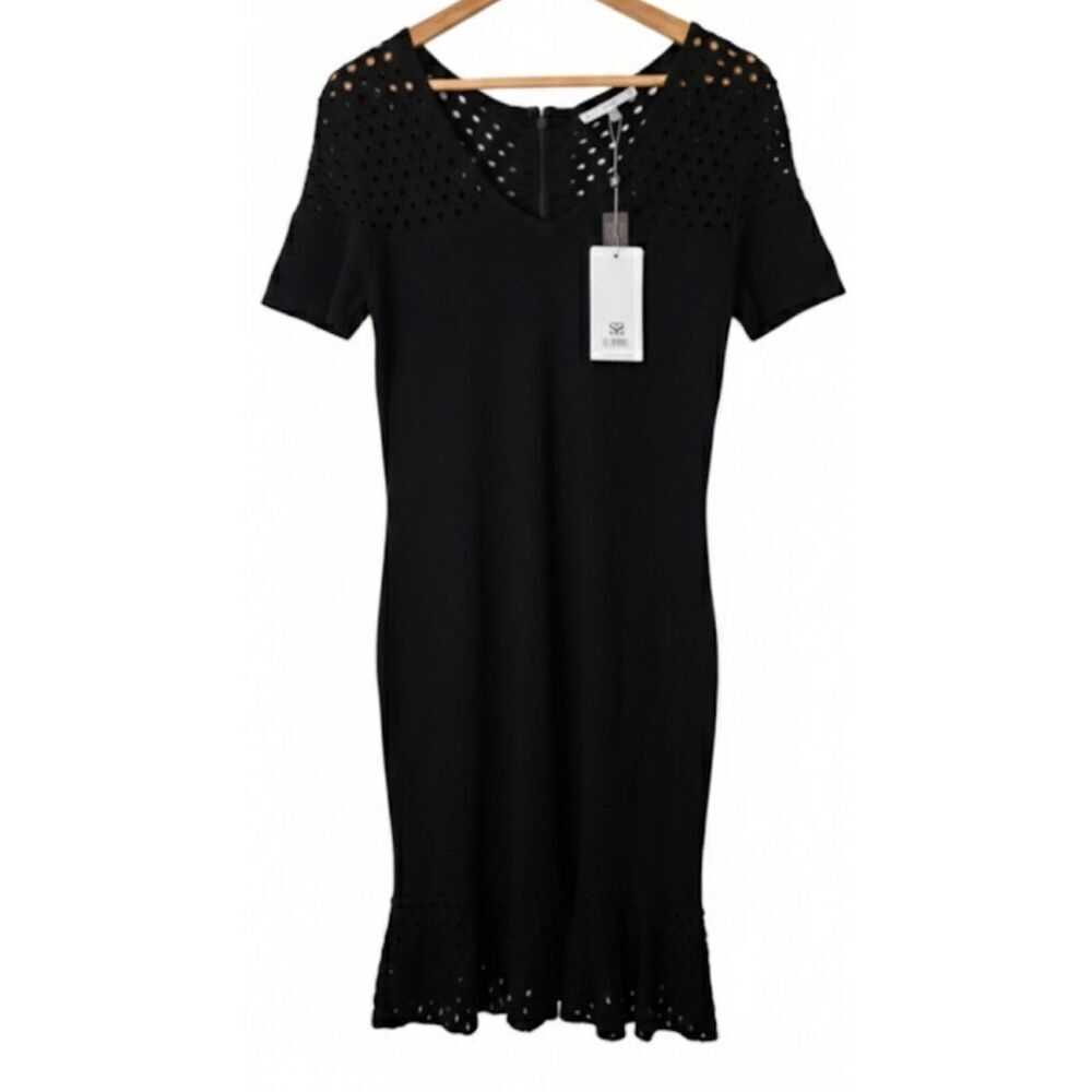 Sioni womens medium stretch knit sweater dress eyelet black stretch